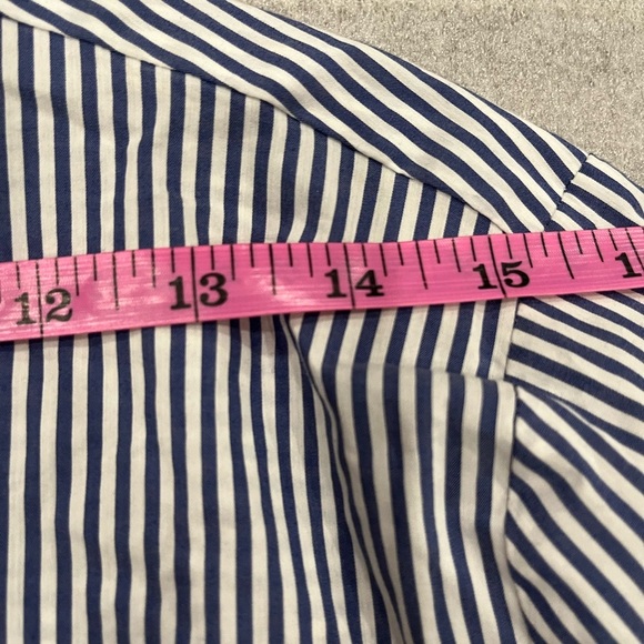 [XS/PTP:18”]Highline Collective Embroidered Floral Bird Blue Striped Shirt Dress - Picture 7 of 12